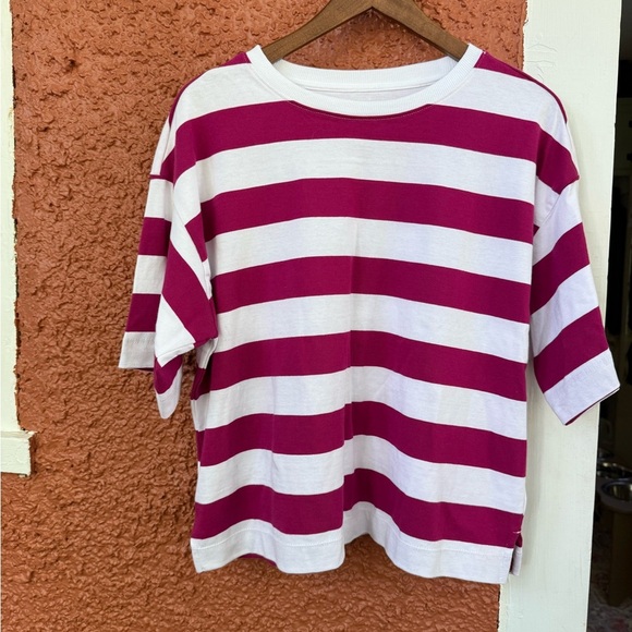 Women’s Loft Striped Jersey Tee White and Magenta Size Small 100% Cotton - Picture 1 of 5